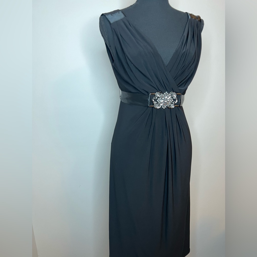 Mid-Length Black Evening Dress with Jeweled Center